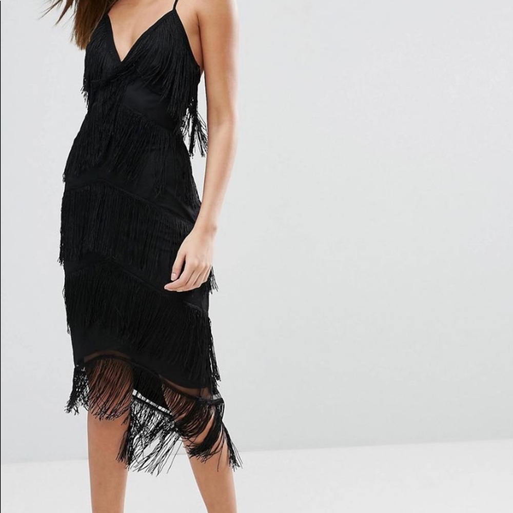 ASOS DESIGN fringe mesh midi bodycon black dress